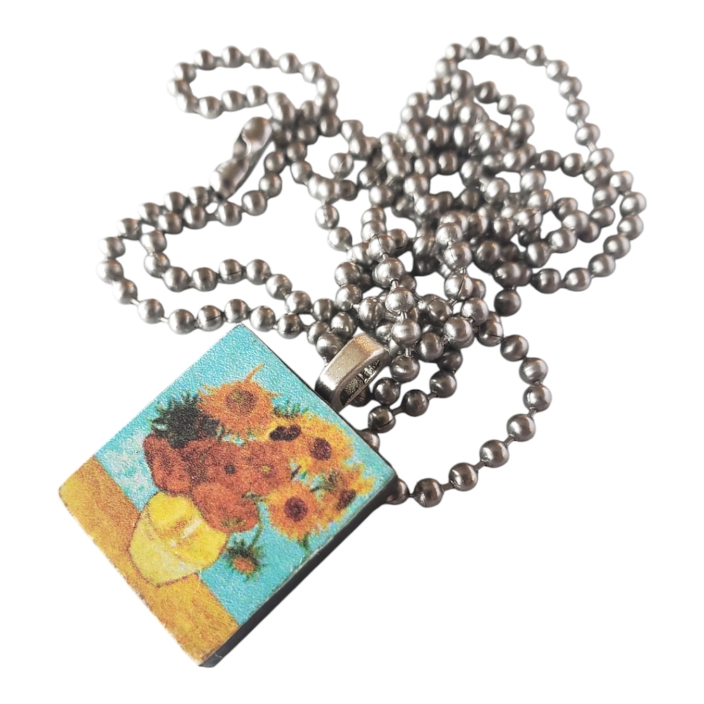 Van Gogh Sunflowers Scrabble Tile Pendant with Stainless Steel Ball Chain
